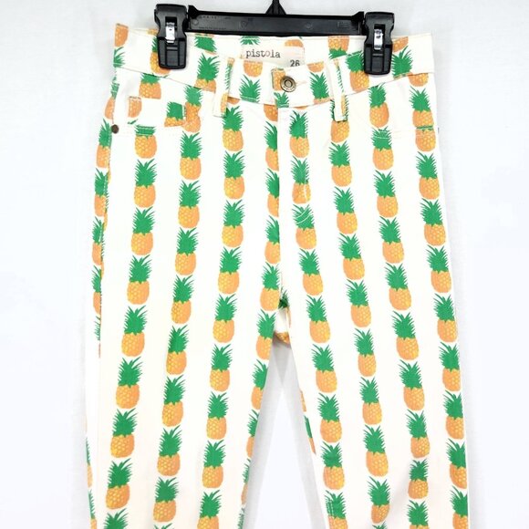 Pistola Skinny Jeans Size 26 Pineapple All Over Print Cropped Raw Fray Hem - Picture 11 of 14